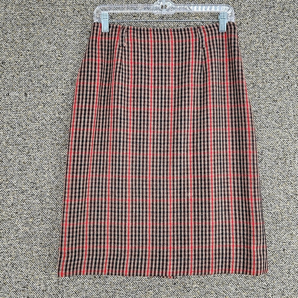 Vintage Lizsport Liz Claiborne Plaid Pencil Skirt Red Brown Wool Blend 90s